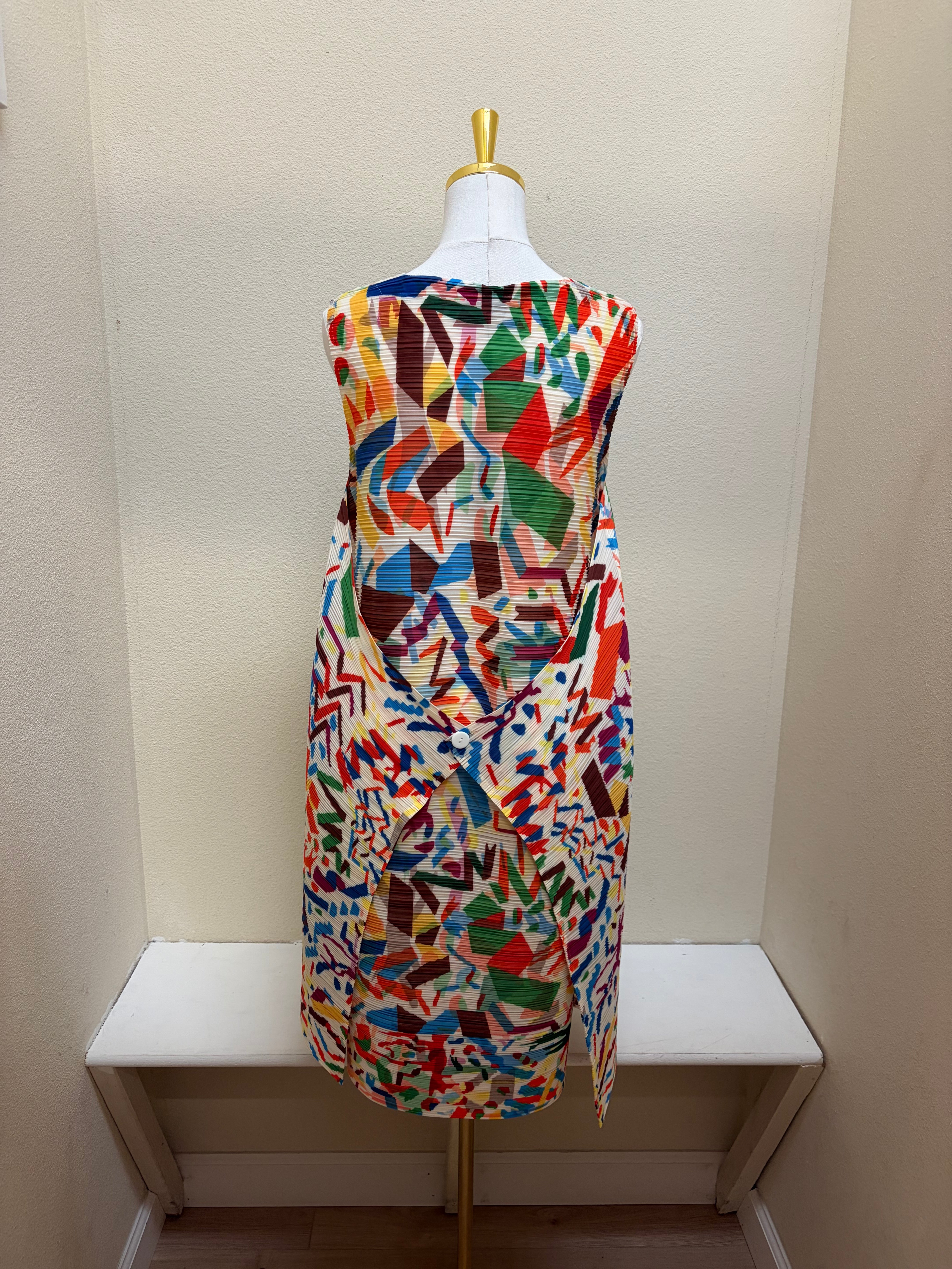 Vanite Couture Abstract Artistic Sleeveless Ribbed Dress - 88636 - CREAM/ORANGE MULTI