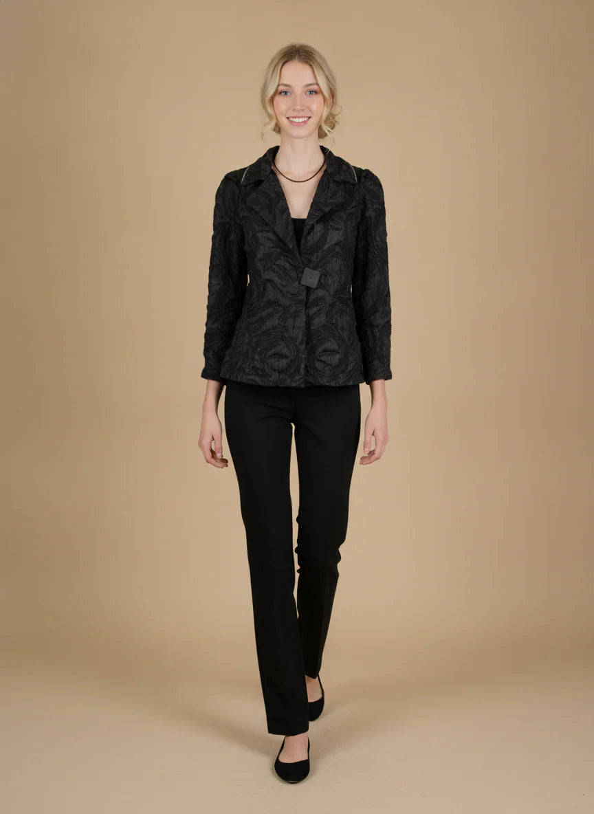 MOONLIGHT Black Embossed Floral One Button Collar Jacket - WJ6021 - BLACK