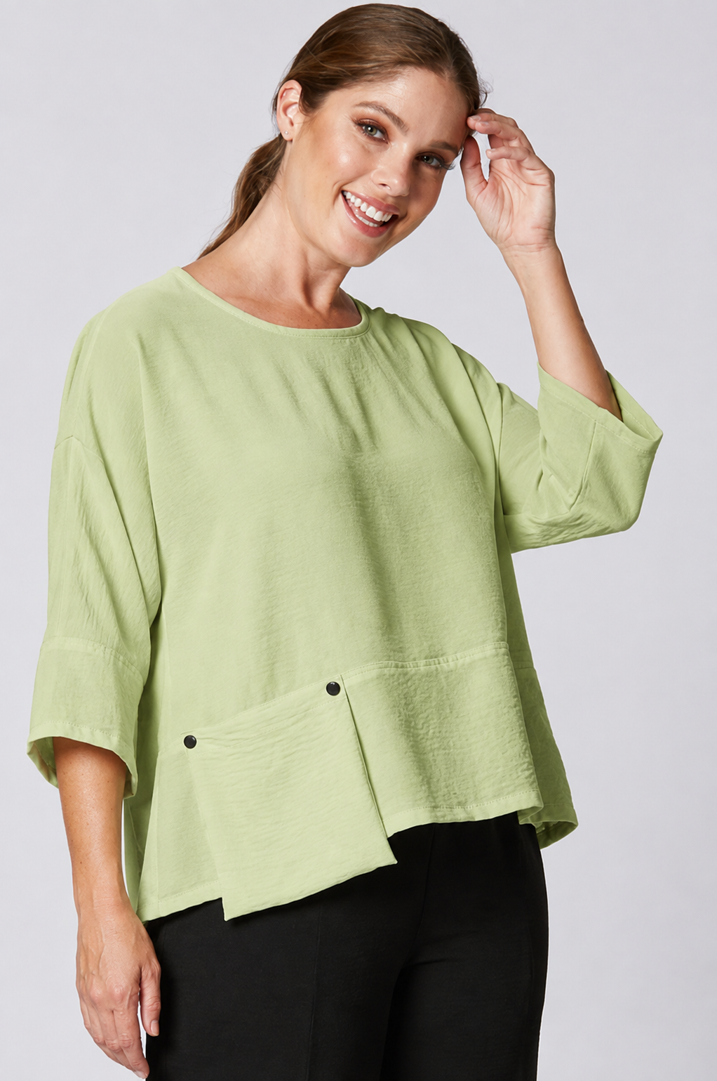 Sydney Project Peyton Round Neck 3/4 Sleeve Boxy Top w/ Front Pocket - AFT1121 - SEAFOAM