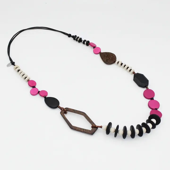 SYLCA Fuchsia Wood Bead Gabby Necklace - BP24N17 - FUCHSIA