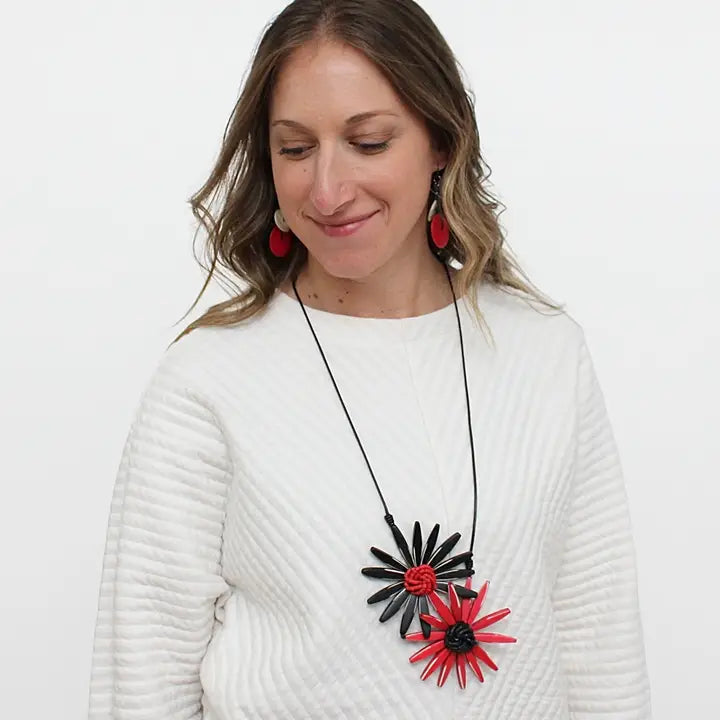 SYLCA Amaya Double Flower Statement Necklace - BP21N16 - BLACK/RED