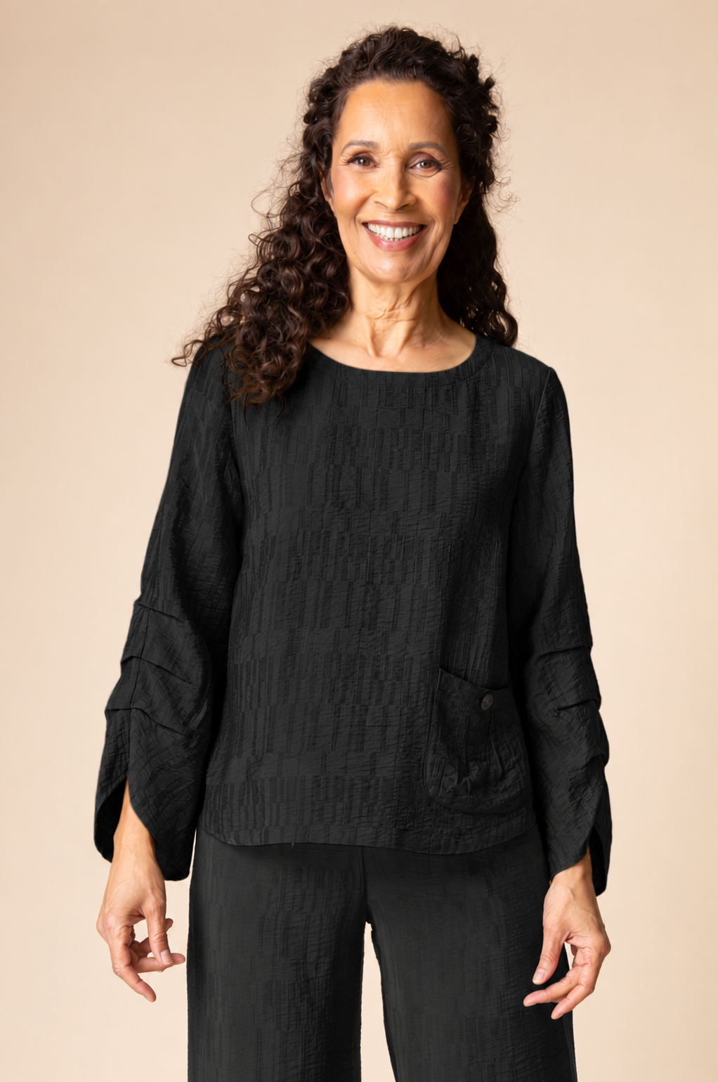 Habitat Soft Rayon Jacquard Pleat Pullover - 30714 - BLACK