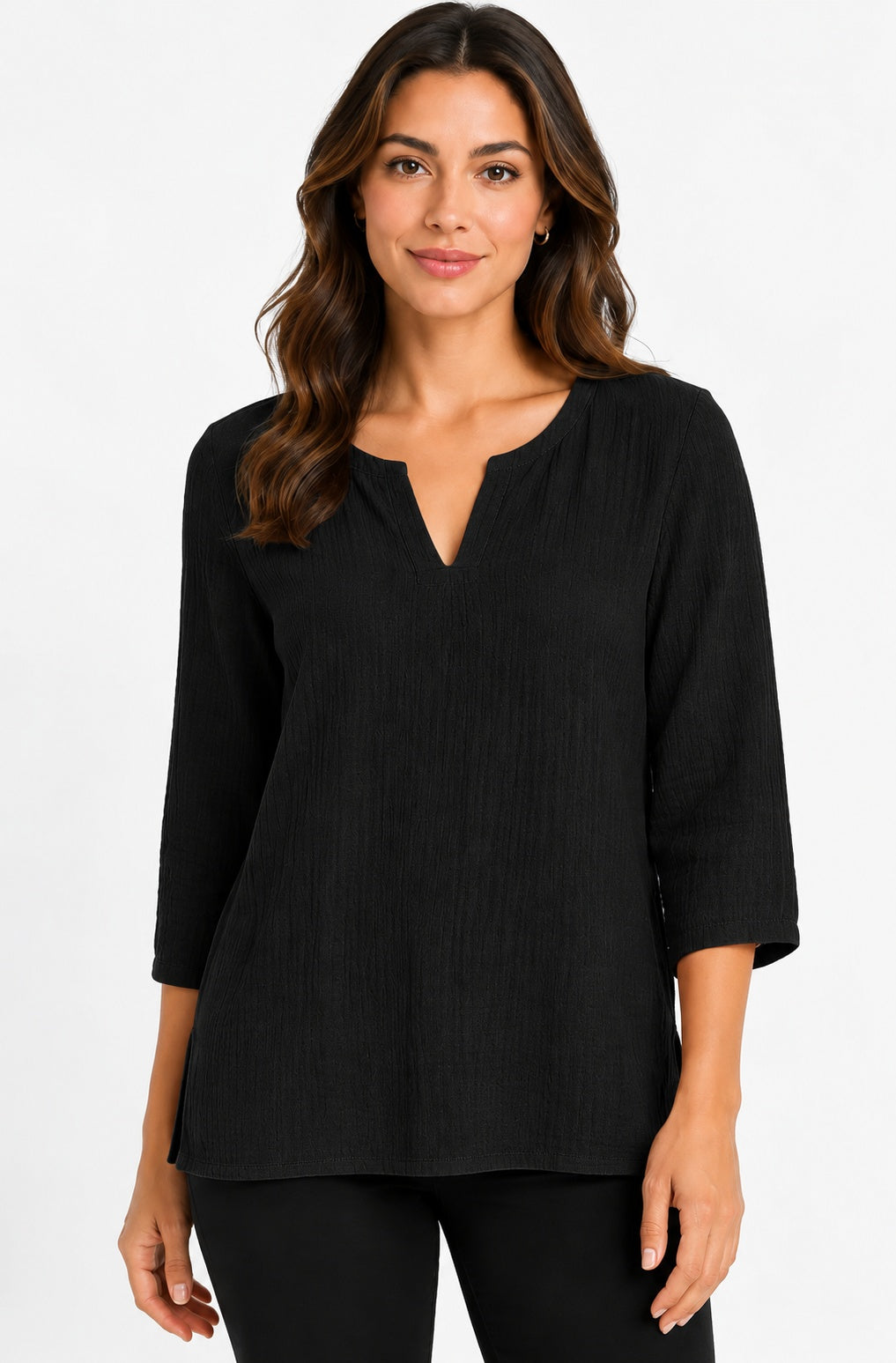 Prairie Cotton by CMC Crinkle Gauze 3/4 Sleeve V-Neck Tunic - CG304