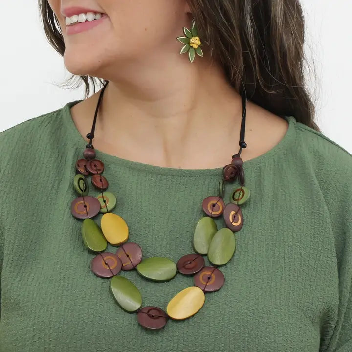 SYLCA Olive Grove Layered Wood Necklace - BP26N18 - OLIVE