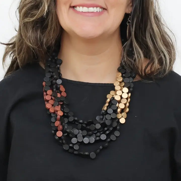 SYLCA Midnight Mosaic Wooden Statement Necklace - LS26N33 - BLACK