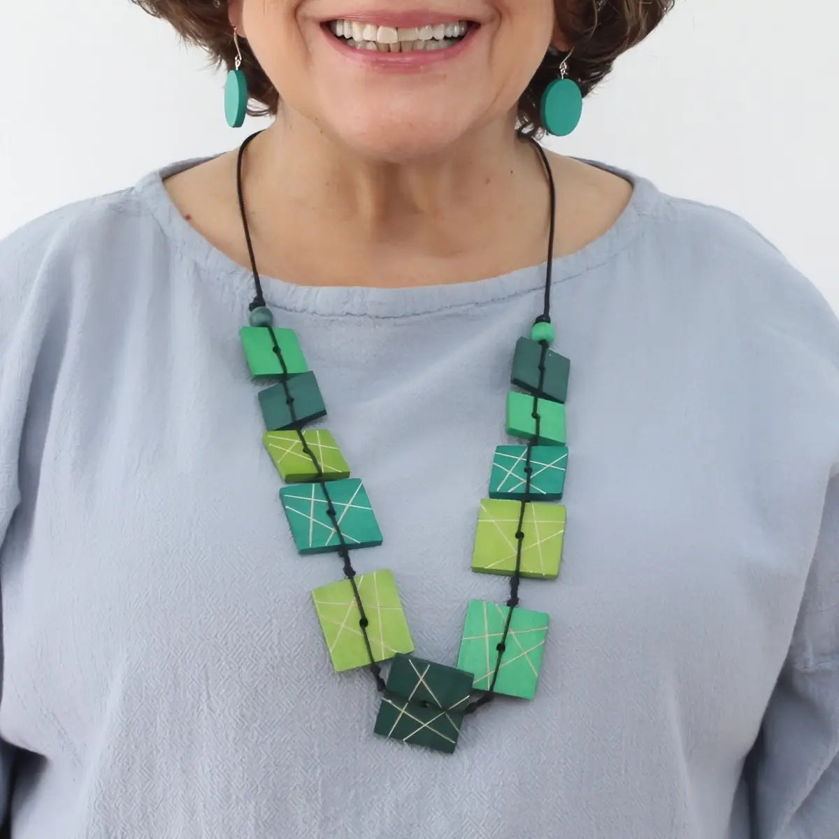 SYLCA Green Wooden Mosaic Necklace