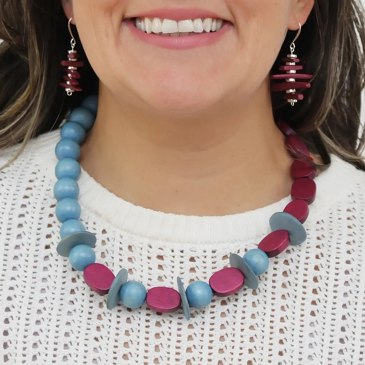 SYLCA Magenta and Blue Wood Statement Necklace - SD25N63 - MAGENTA