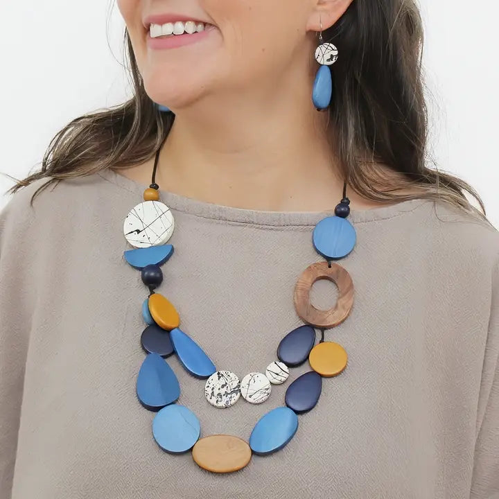 SYLCA Grove Wooden Statement Necklace - BP26N12 - BLUE