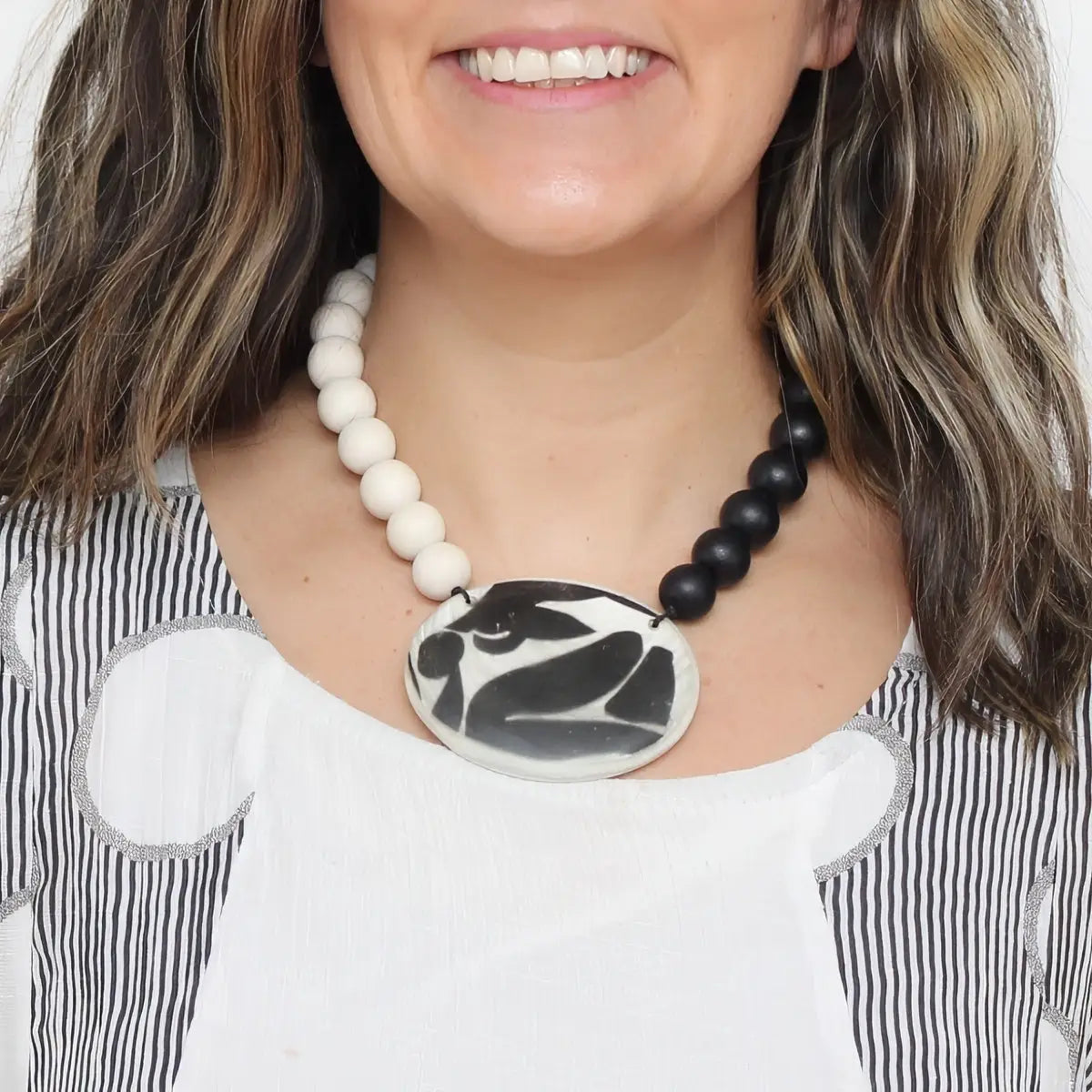 SYLCA Black and White Frosted Medallion Statement Necklace