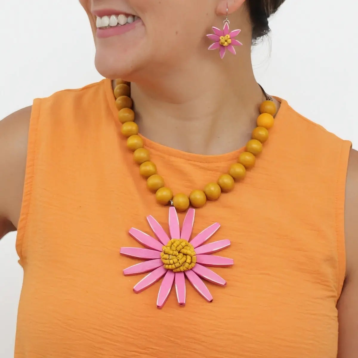 SYLCA Pink and Yellow Sunbeam Flower Necklace - SD26N24 - PINK/YELLOW