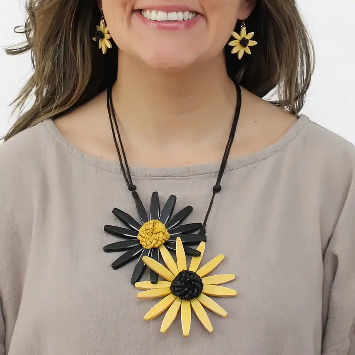 SYLCA Black and Yellow Amaya Double Flower Statement Necklace - BP21N16 - BLACK/YELLOW