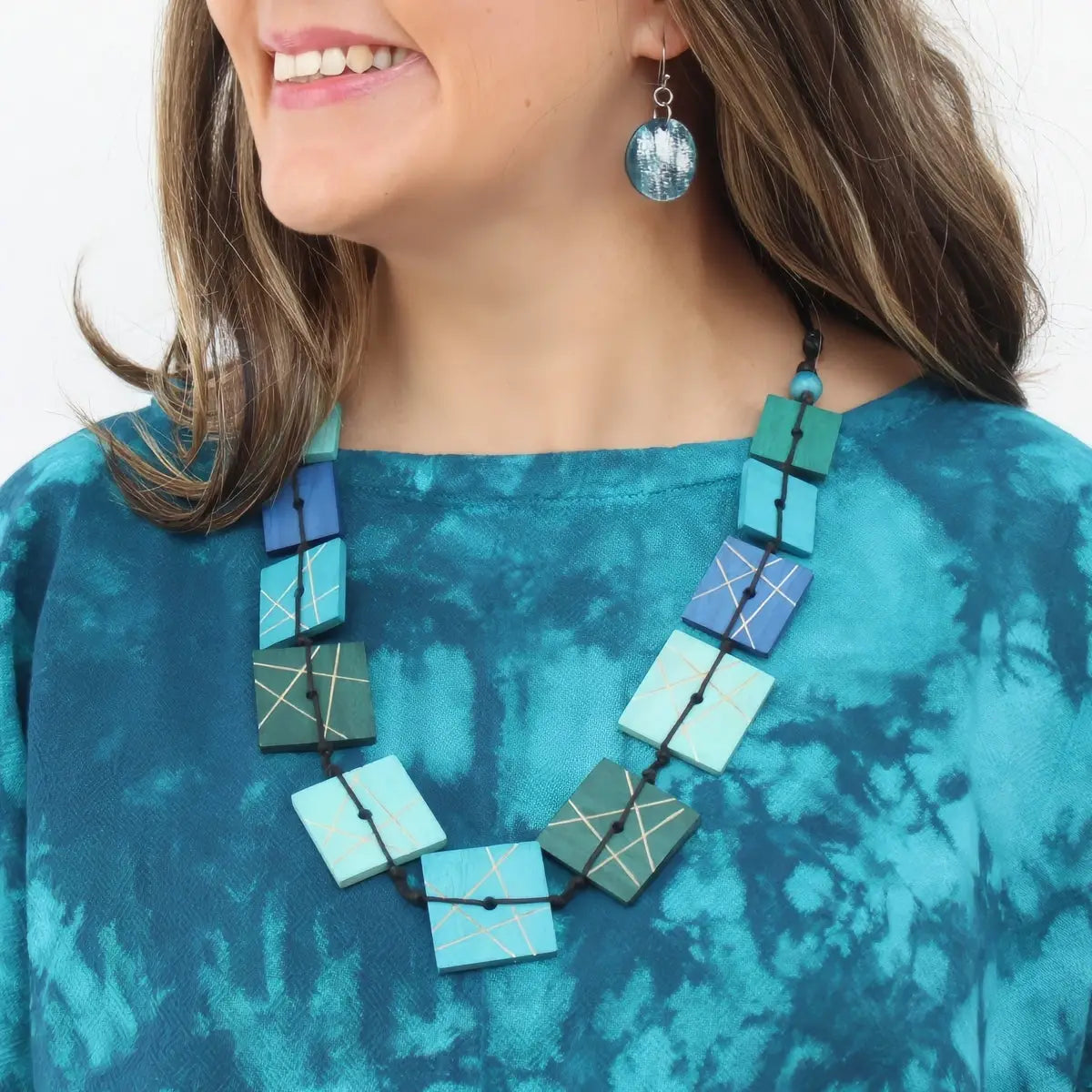 SYLCA Blue Wooden Mosaic Necklace