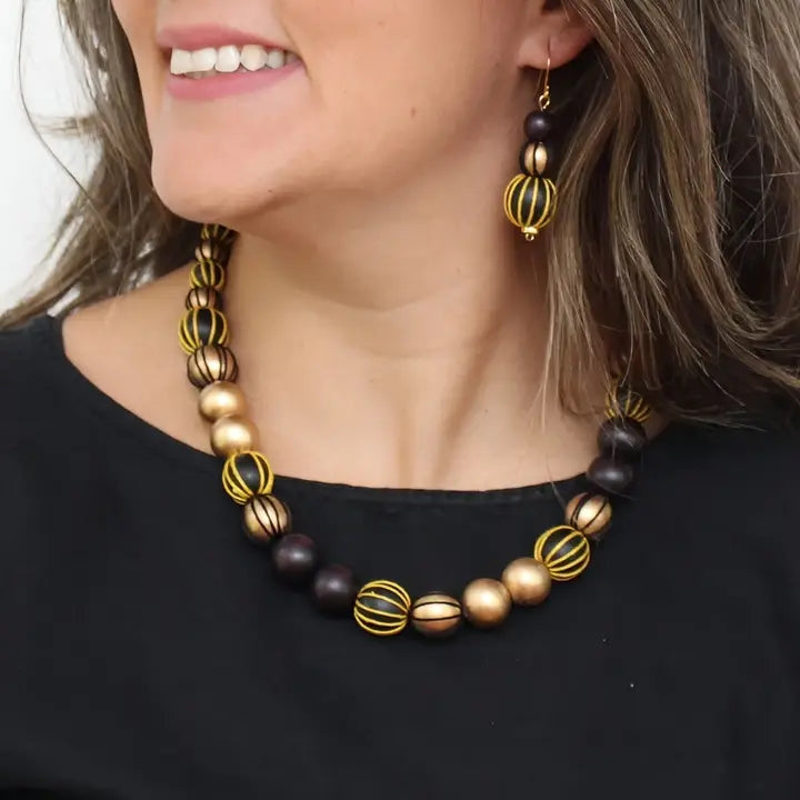 SYLCA Threaded Art Deco Necklace - SD26N34 - BROWN/GOLD