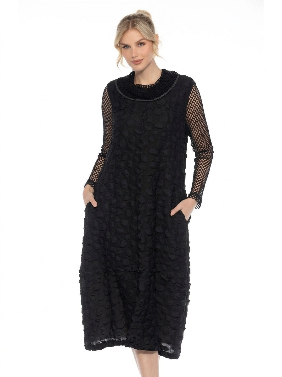 MOONLIGHT Textured Mesh Sleeve Slit Dress - D3985 BLACK