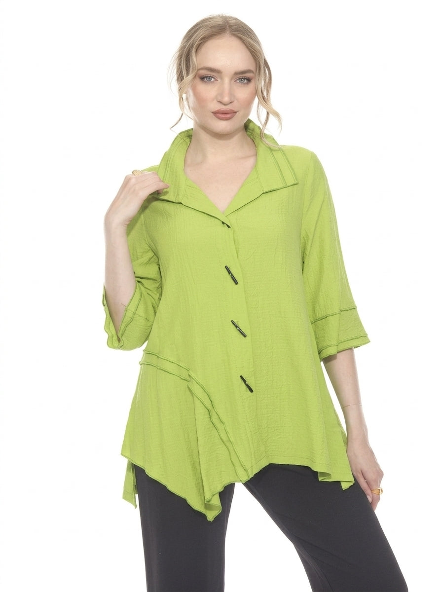 MOONLIGHT Asymmetric Button Front Black Piping Top - 8901 - LIME