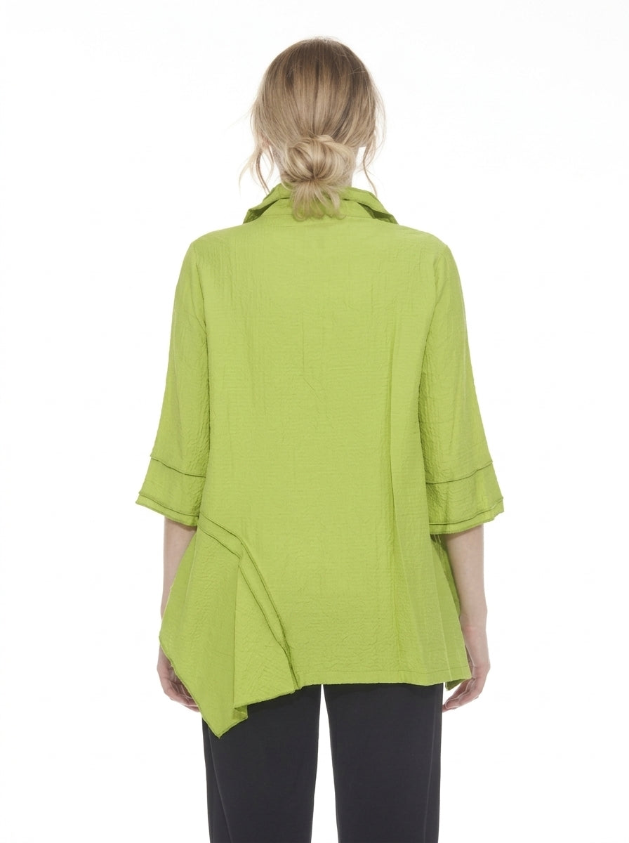 MOONLIGHT Asymmetric Button Front Black Piping Top - 8901 - LIME