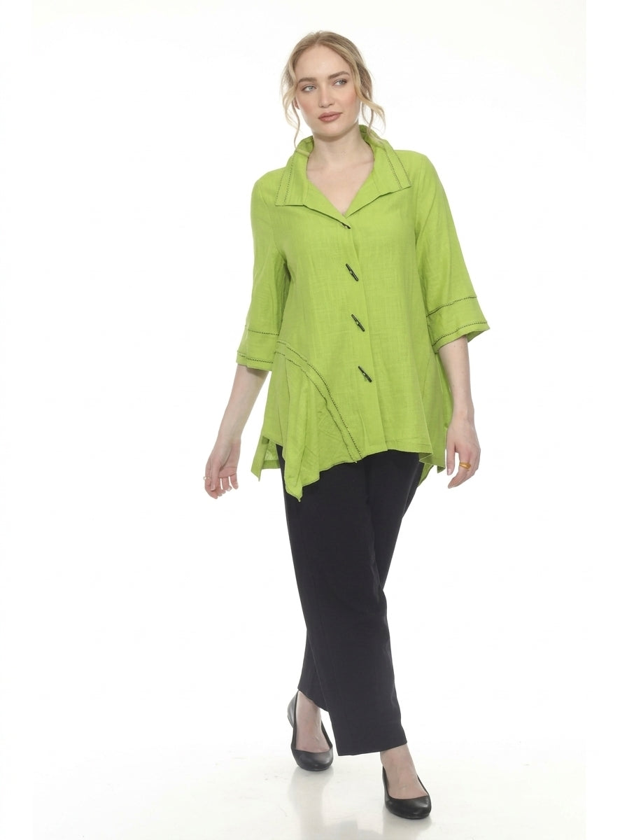 MOONLIGHT Asymmetric Button Front Black Piping Top - 8901 - LIME