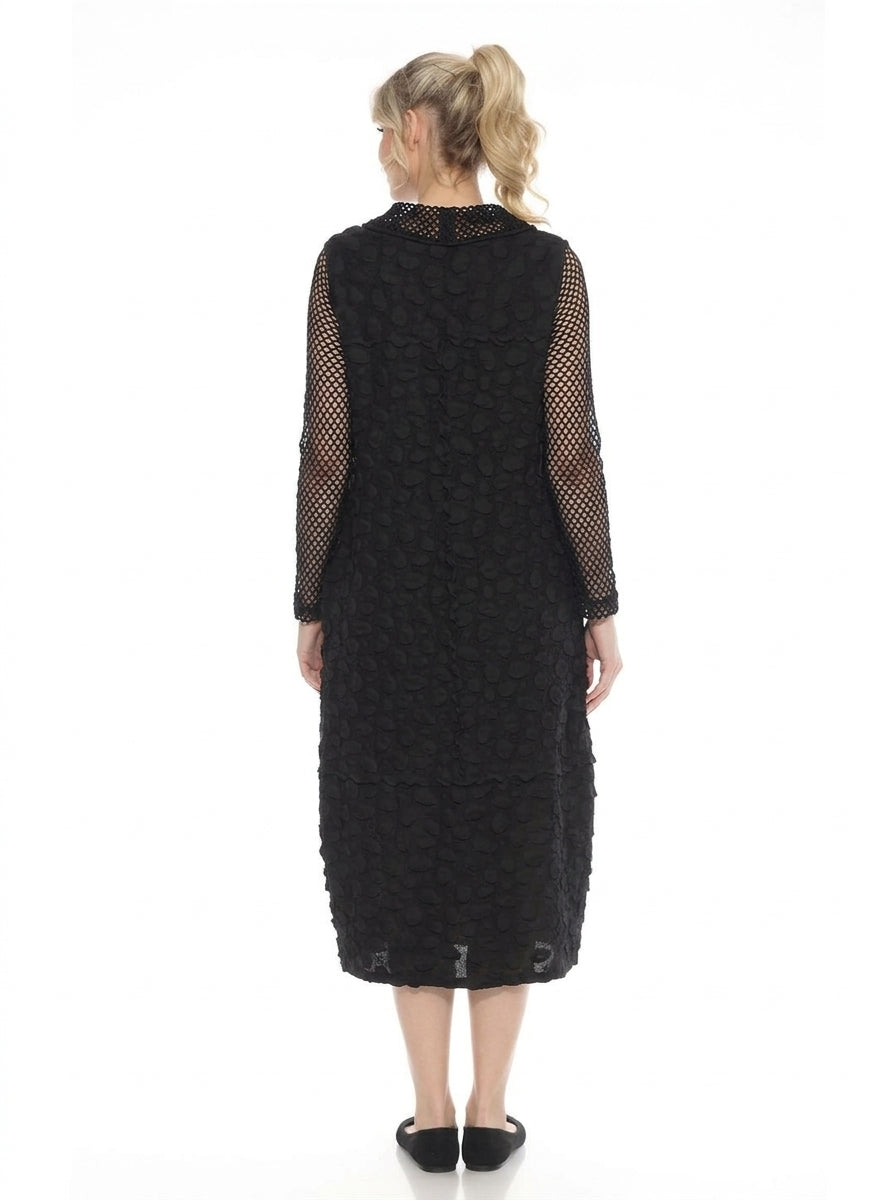 MOONLIGHT Textured Mesh Sleeve Slit Dress - D3985 BLACK