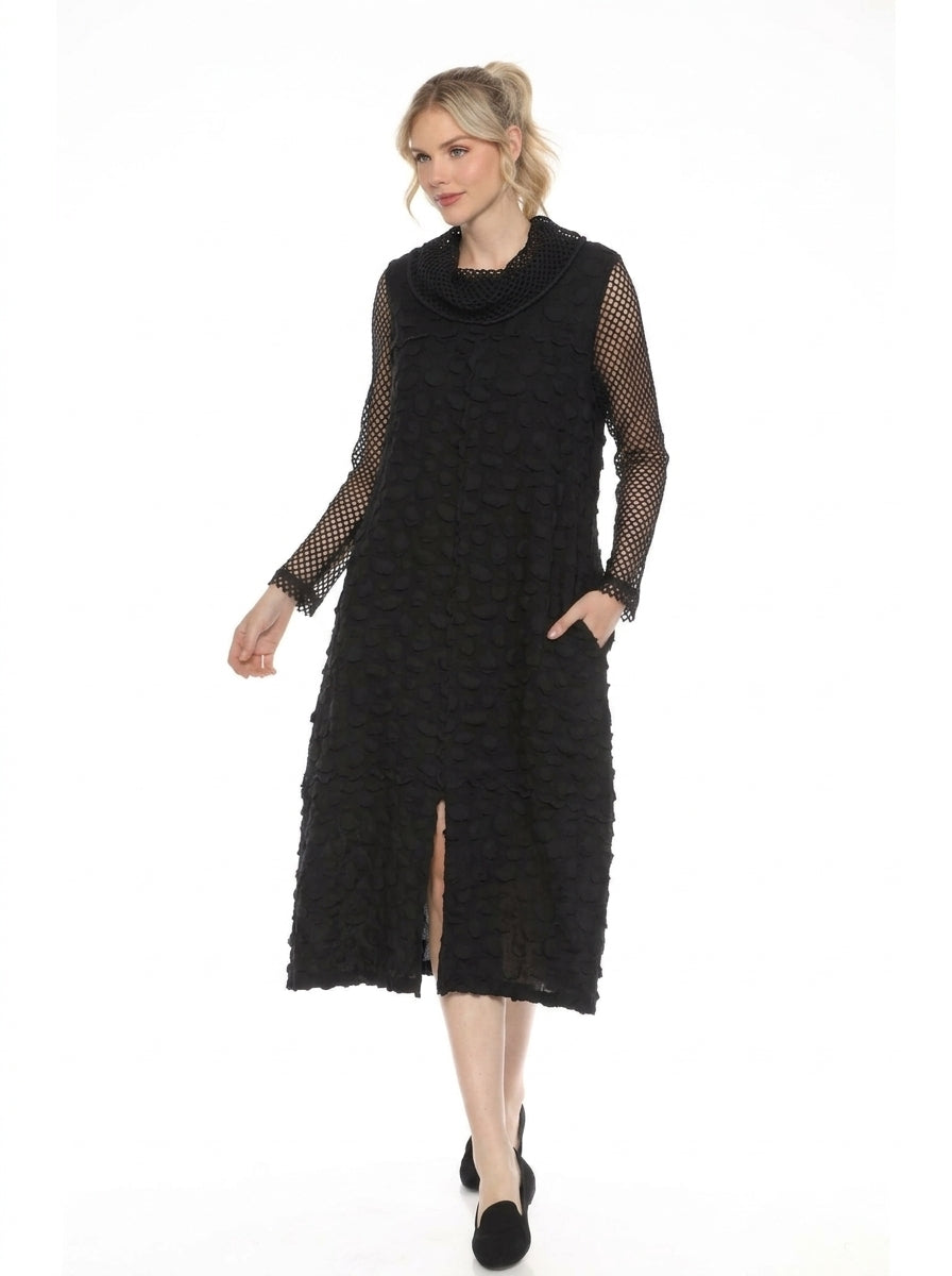 MOONLIGHT Textured Mesh Sleeve Slit Dress - D3985 BLACK