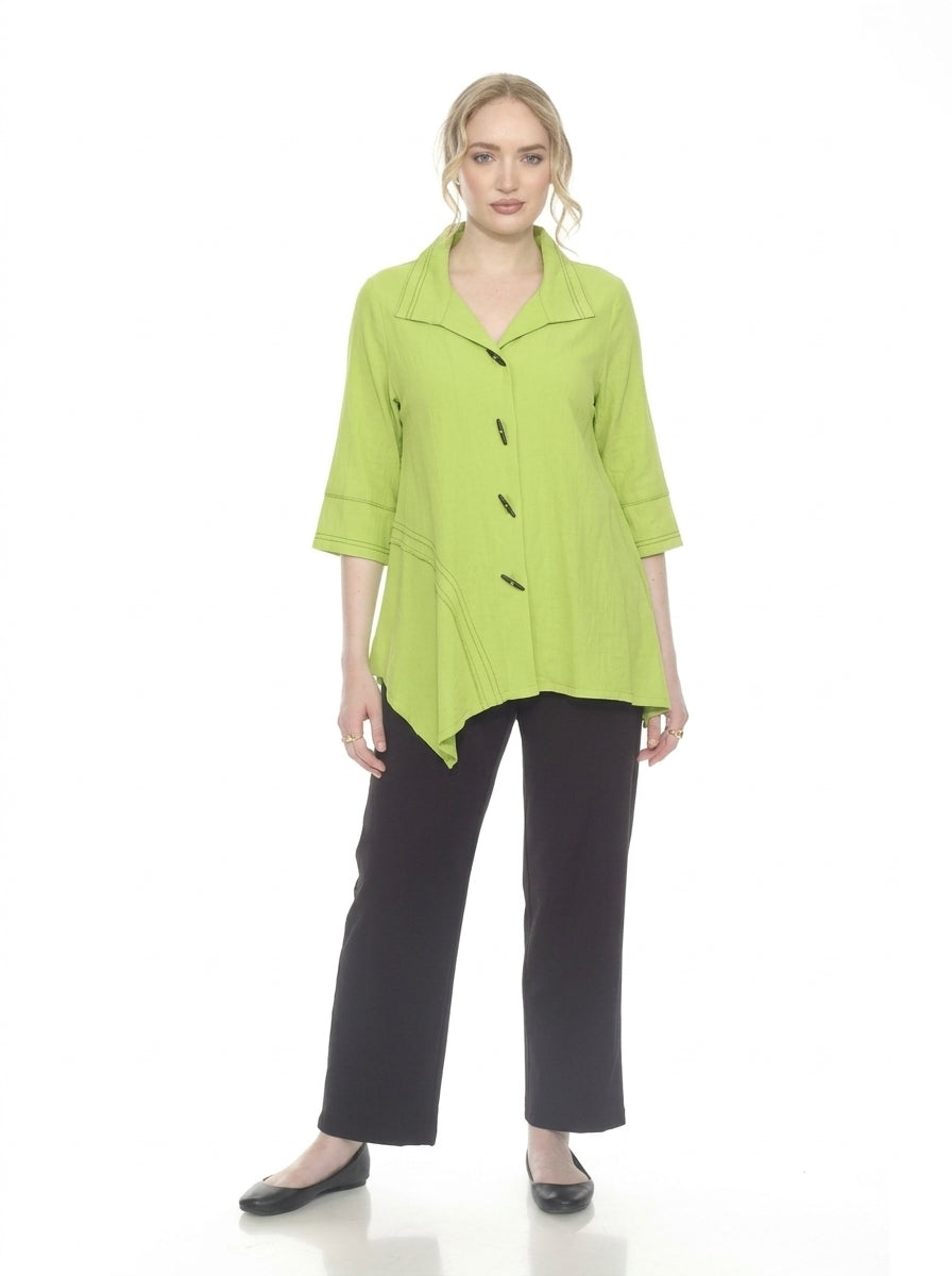 MOONLIGHT Asymmetric Button Front Black Piping Top - 8901 - LIME
