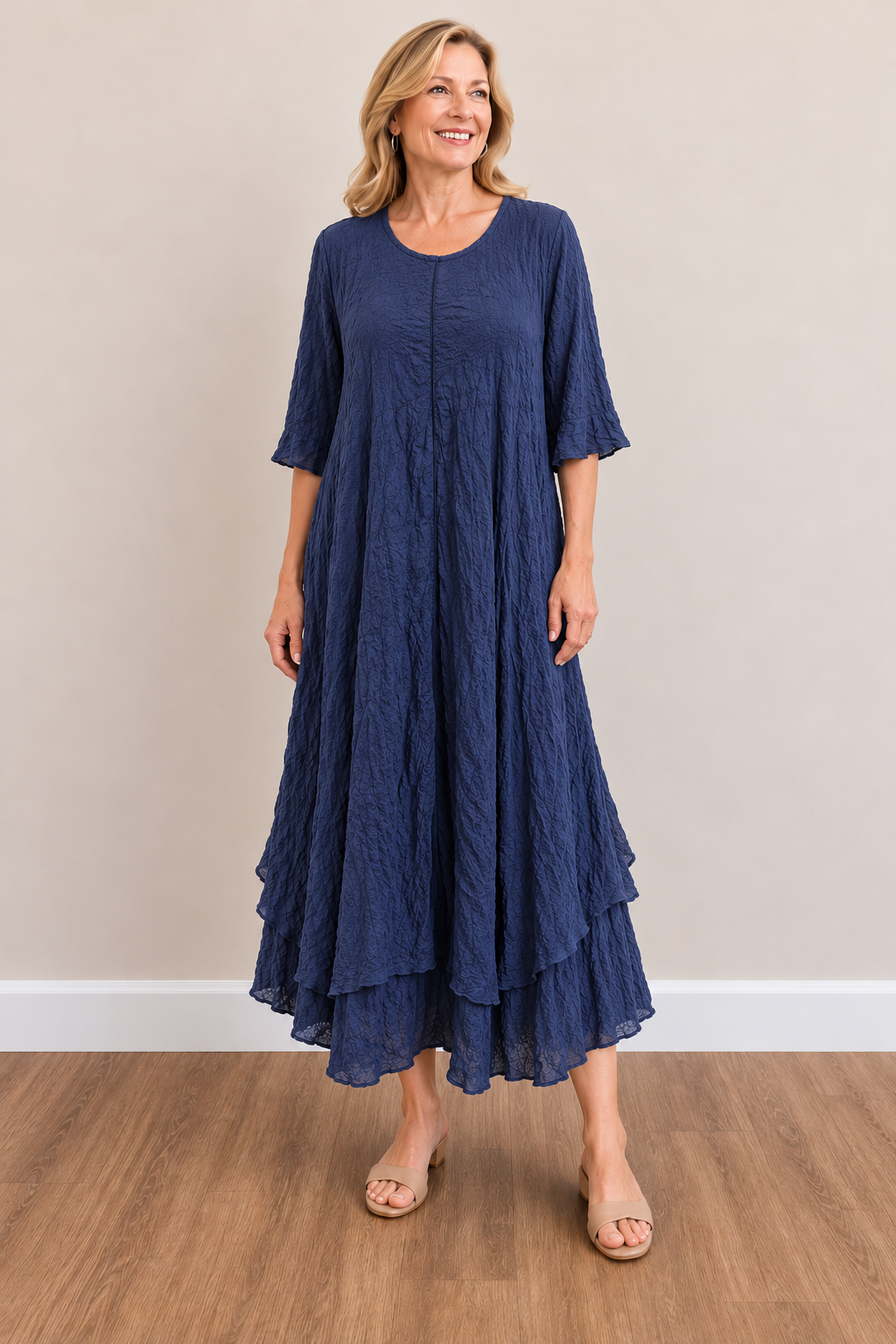 Vine Street Crinkle Solid Dress - 575 - NAVY