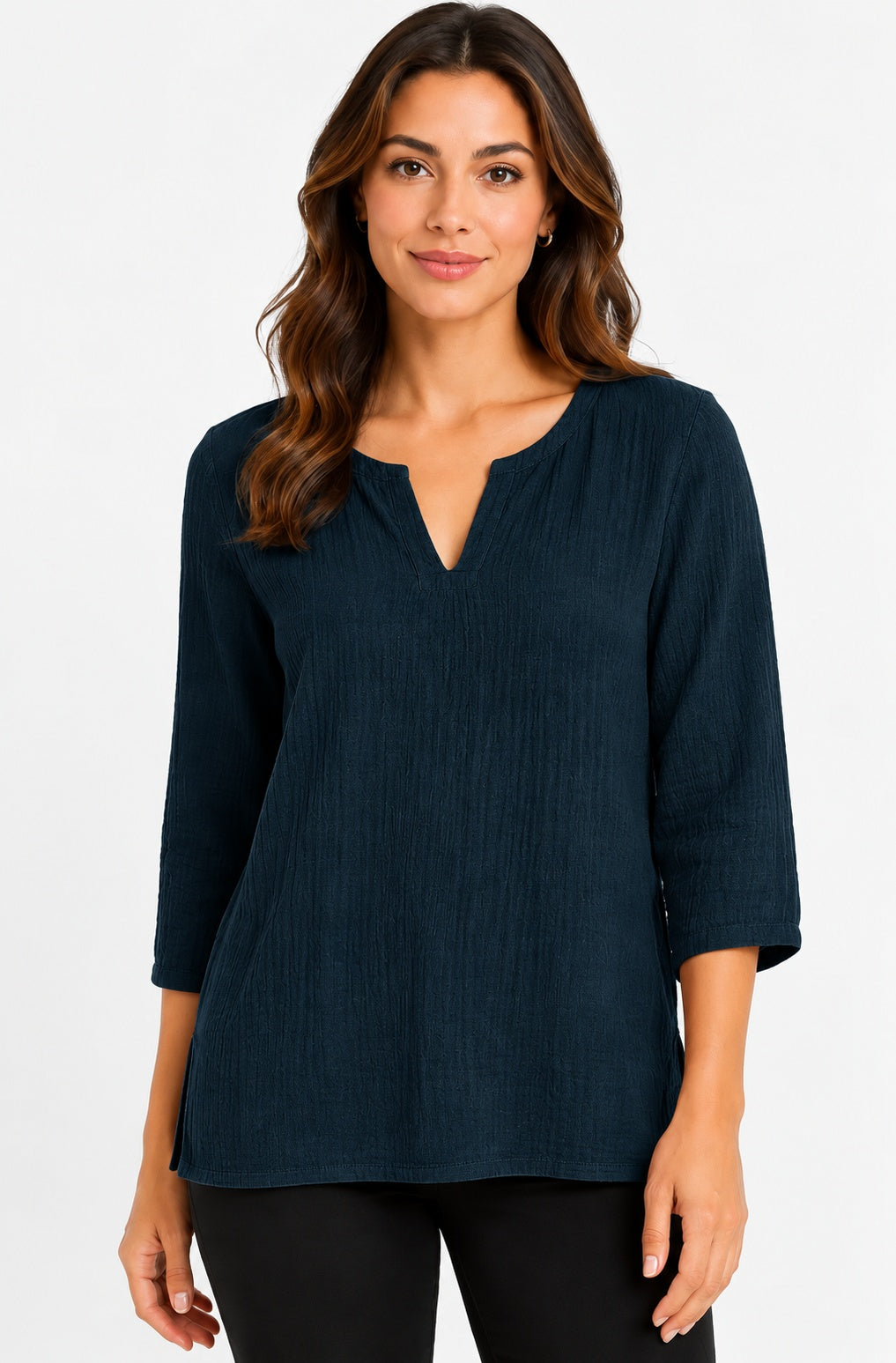 Prairie Cotton by CMC Crinkle Gauze 3/4 Sleeve V-Neck Tunic - CG304