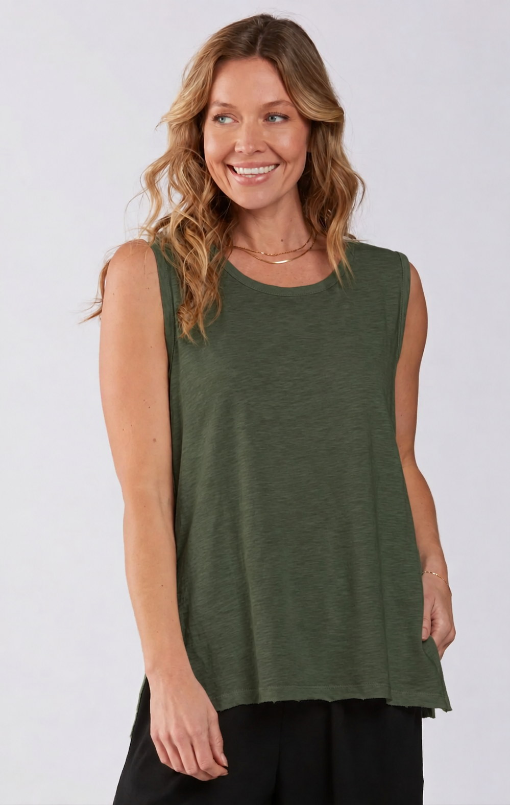 Sydney Project Ray Round Neck Flowy Tank Top - AFT107 - OLIVE