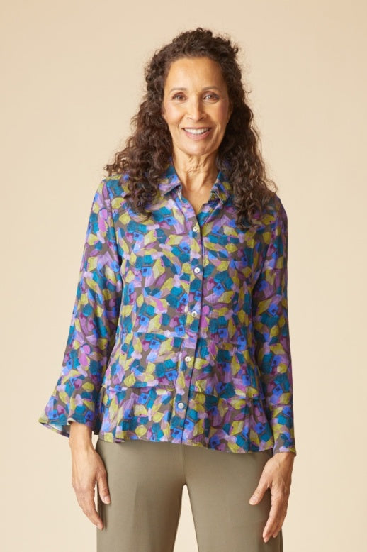 Habitat Rayon Crepe Painted Stones Flounce Shirt - 39320 - MUSHROOM