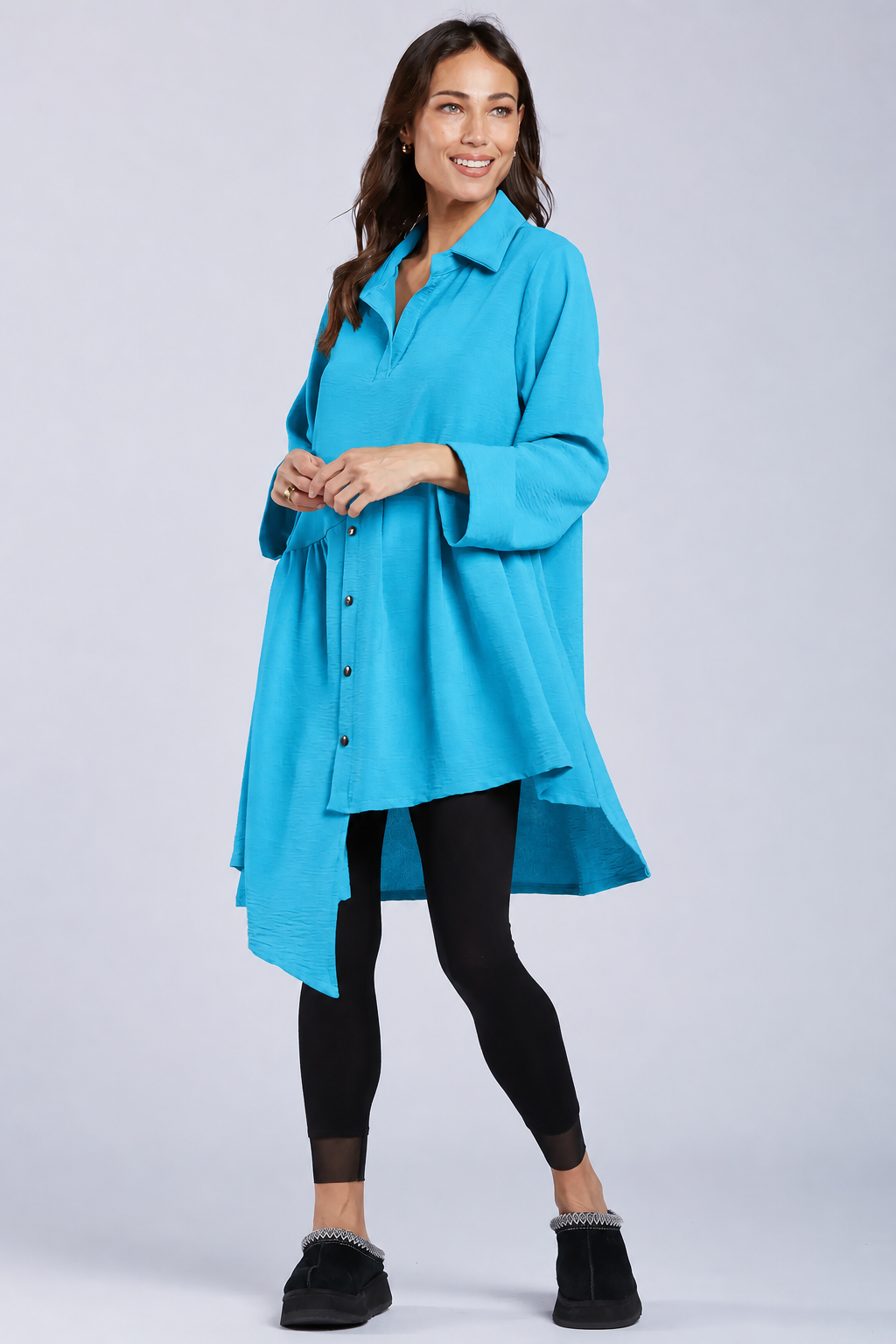 Sydney Project Addison Solid Air Flow Asymmetric Collared Top - AFT1162 - TURQUOISE