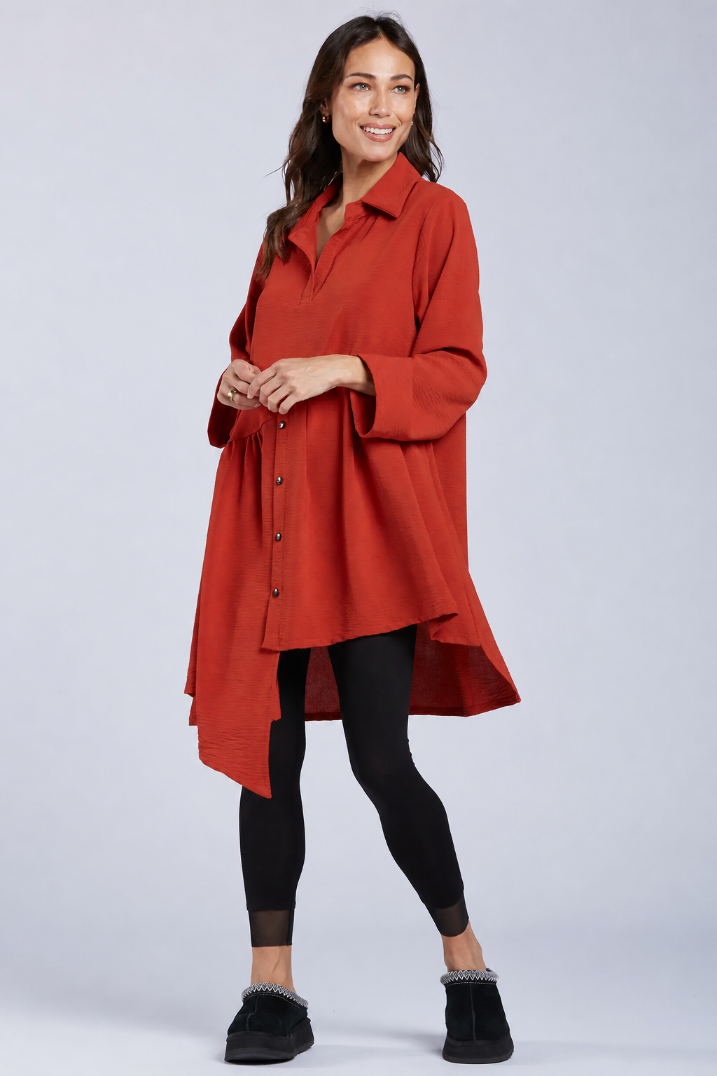 Sydney Project Addison Solid Air Flow Asymmetric Collared Top - AFT1162 - RUST