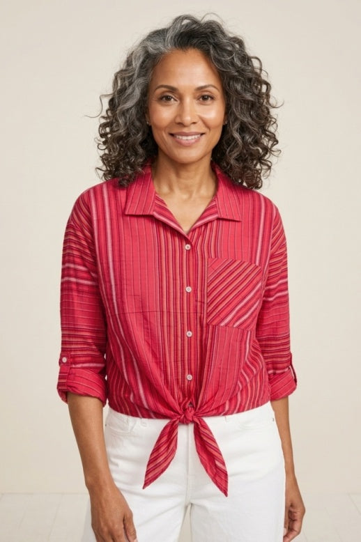 Habitat Crinkle Cotton Stripe Tie Front Top - 48811 - PAPAYA