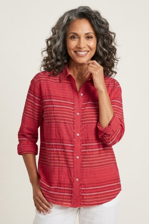 Habitat Crinkle Cotton Stripe Boyfriend Shirt - 48813 - PAPAYA