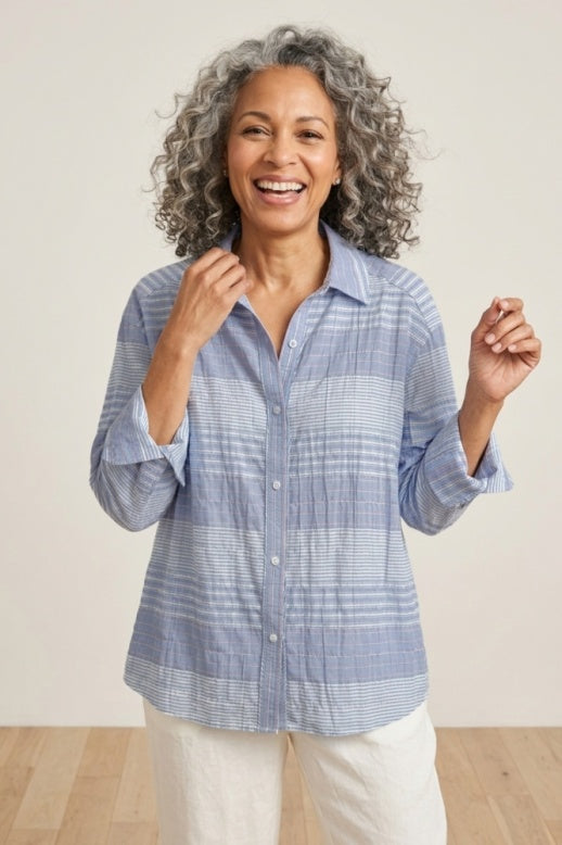 Habitat Crinkle Cotton Stripe Boyfriend Shirt - 48813 - RIVIERA