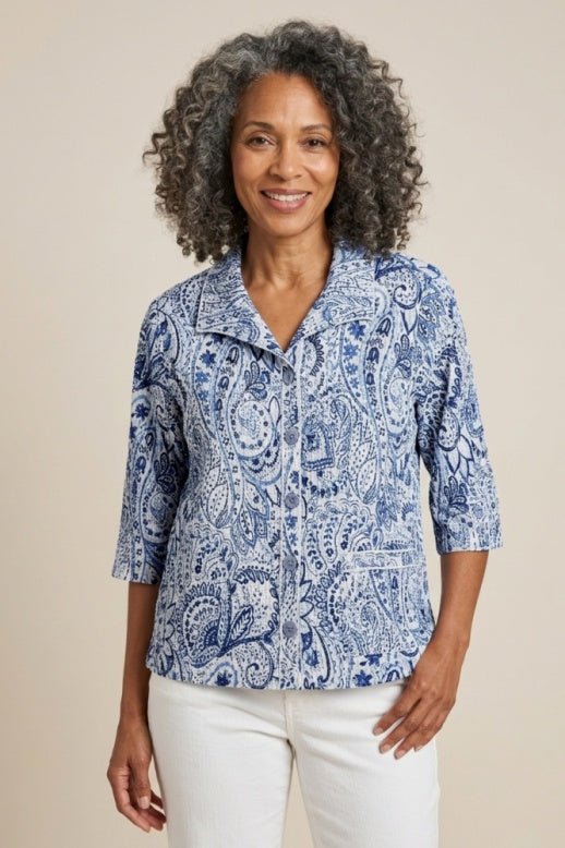 Habitat Crinkle Cotton Paisley Alfresco Shirt - 48908 - NAVY