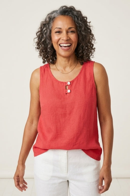 Habitat Linen Solid Button Tab Tank - 41513 - GUAVA