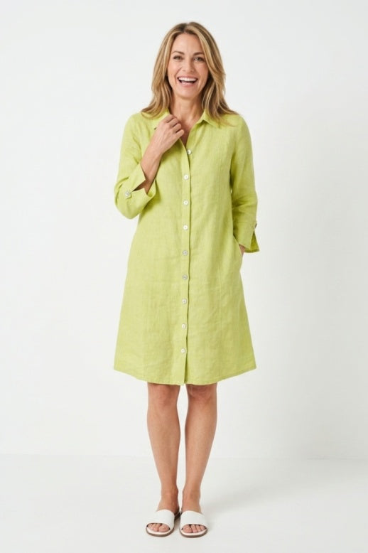 Habitat Linen Solid Button Tab Dress - 41584 - KIWI