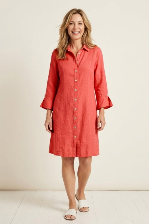 Habitat Linen Solid Button Tab Dress - 41584 - GUAVA