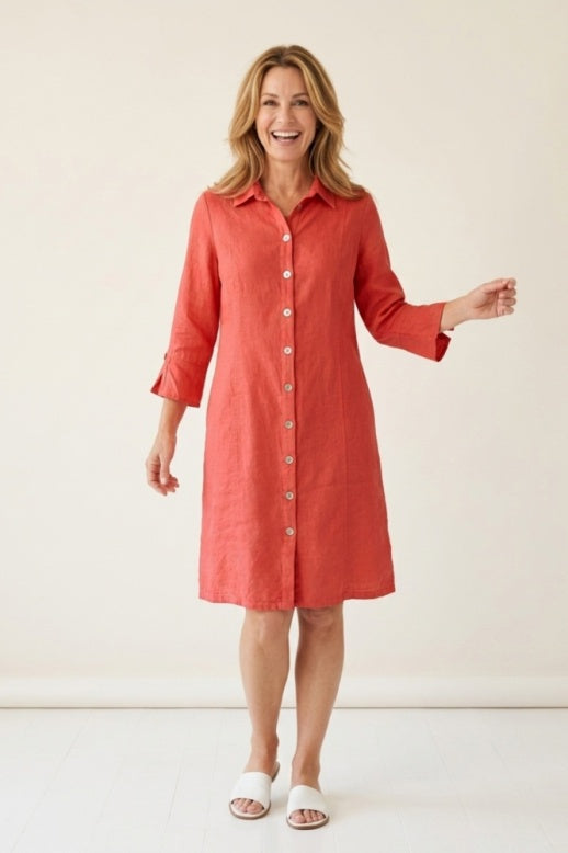Habitat Linen Solid Button Tab Dress - 41584 - GUAVA