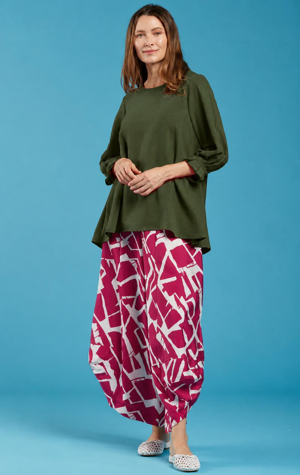 Sydney Project Peggy Round Neck Long Flowy Top w/ Reuched Cuffed Sleeves - AFT1157 - JADE