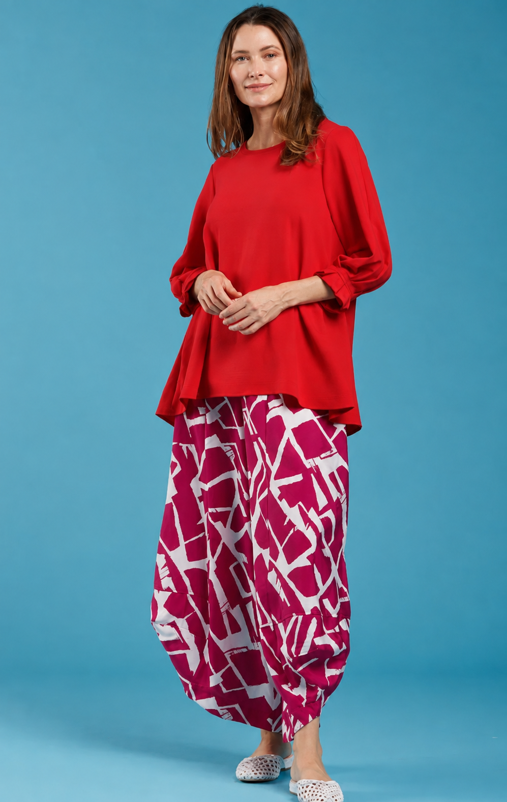 Sydney Project Peggy Round Neck Long Flowy Top w/ Reuched Cuffed Sleeves - AFT1157 - RED