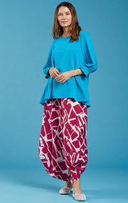 Sydney Project Peggy Round Neck Long Flowy Top w/ Reuched Cuffed Sleeves - AFT1157 - TURQUOISE