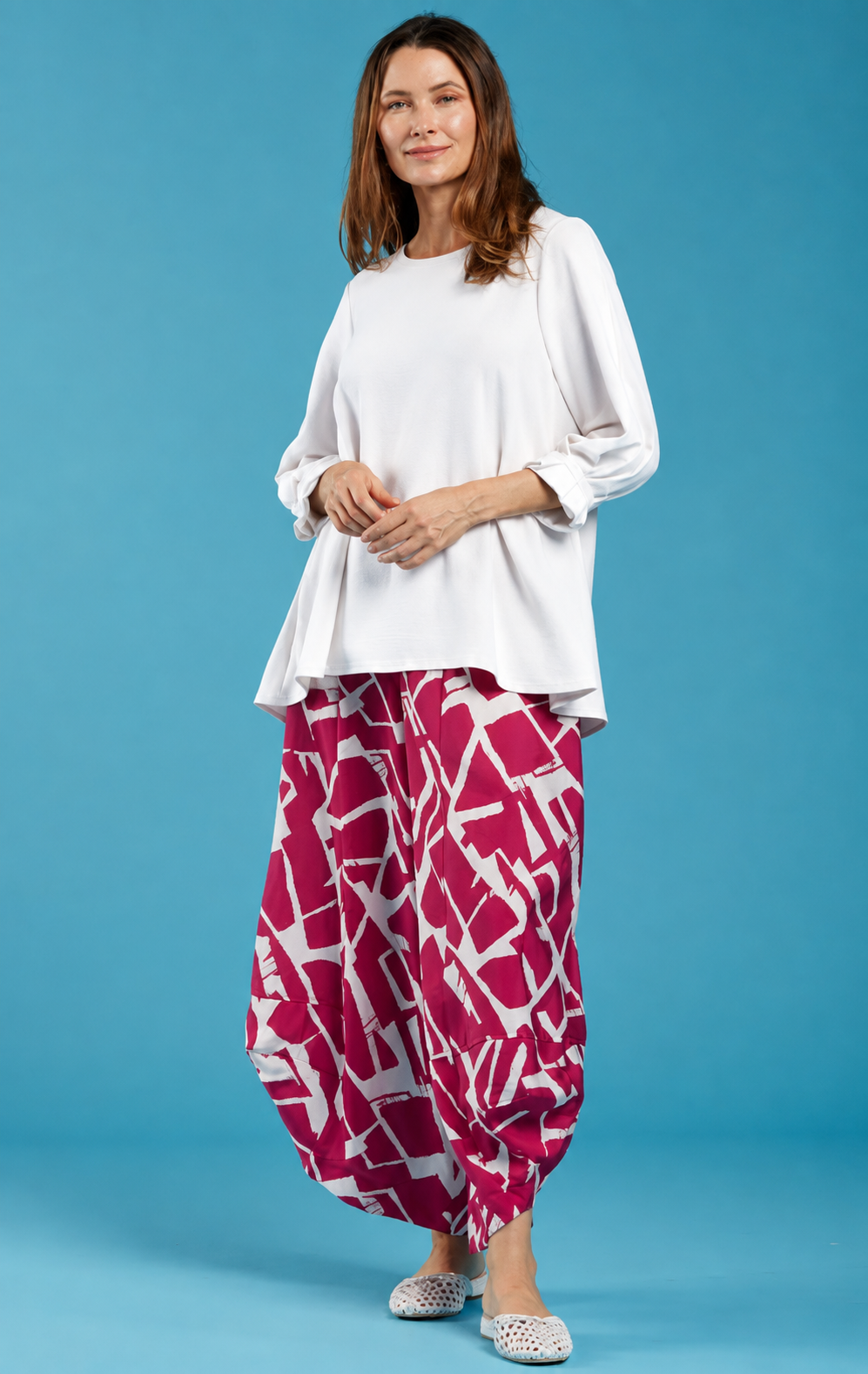 Sydney Project Peggy Round Neck Long Flowy Top w/ Reuched Cuffed Sleeves - AFT1157 - WHITE