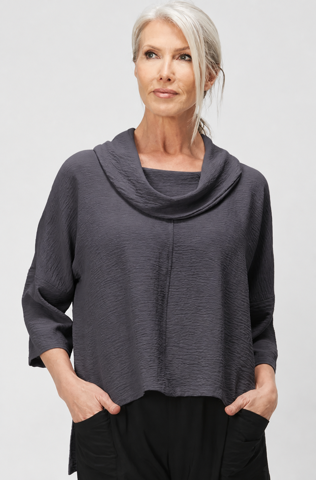 Sydney Project Richi Cowl Neck Flowy Top w/ 3/4 Sleeves - AFT8019 - CHARCOAL