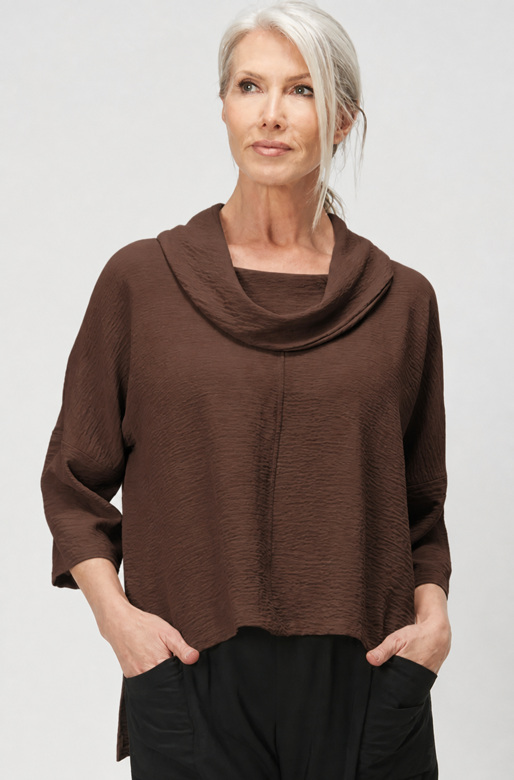 Sydney Project Richi Cowl Neck Flowy Top w/ 3/4 Sleeves - AFT8019 - CHOCOLATE