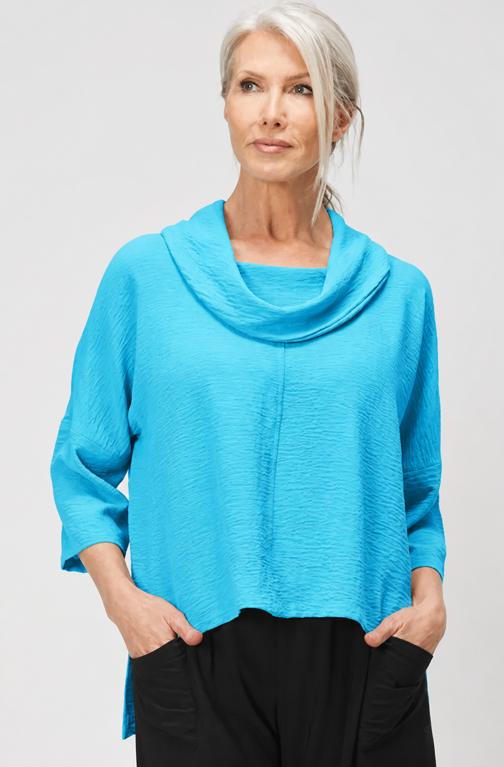 Sydney Project Richi Cowl Neck Flowy Top w/ 3/4 Sleeves - AFT8019 - TURQUOISE