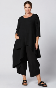 Sydney Project Ashley 3/4 Sleeve Asymmetric Hem Long Shirt w/ Front Pocket - AFT8024 - BLACK