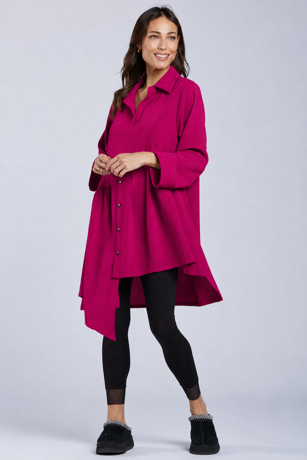 Sydney Project Addison Solid Air Flow Asymmetric Collared Top - AFT1162 - MAGENTA