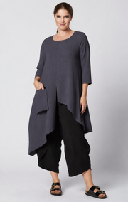 Sydney Project Ashley 3/4 Sleeve Asymmetric Hem Long Shirt w/ Front Pocket - AFT8024 - CHARCOAL