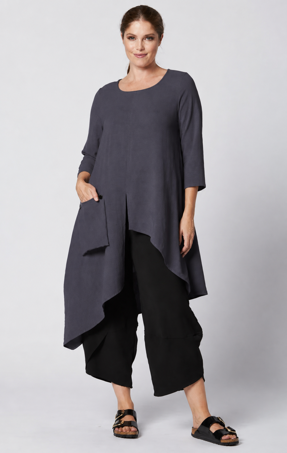 Sydney Project Ashley 3/4 Sleeve Asymmetric Hem Long Shirt w/ Front Pocket - AFT8024 - CHARCOAL