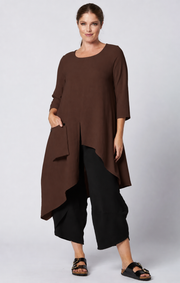 Sydney Project Ashley 3/4 Sleeve Asymmetric Hem Long Shirt w/ Front Pocket - AFT8024 - CHOCOLATE